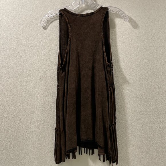 (NEW) T PARTY Fringe Rhinestone Sleeveless Tank Washed/Embellished, Brown - S - Picture 2 of 10